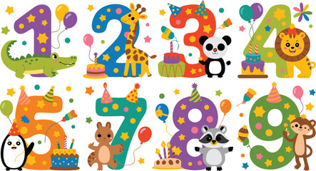 Cartoon Animals with Numbers One Through Nine Representing Age for Children's Birthday Cards