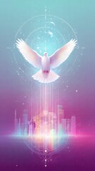 White Dove Soaring Above Cityscape in Colorful Abstract Design with Glowing Light and Pixel Detailing
