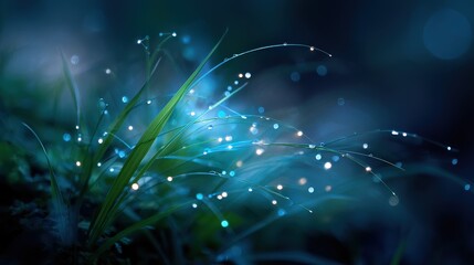 Glowing Blue And Green Grass Blades At Night