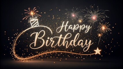 Elegant glowing happy birthday text with festive fireworks and sparkling stars on a dark background
