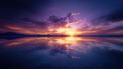 Vibrant Purple And Orange Sunset Reflected In Calm Water