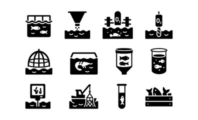 Aquaculture icons set: black silhouette designs of fish farming elements