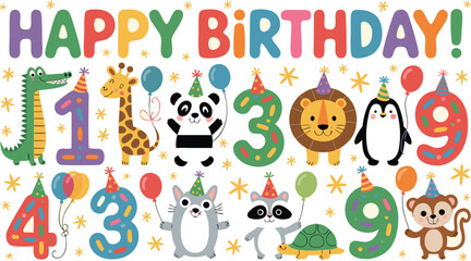 Fototapeta premium Playful Happy Birthday Design with Cartoon Animals and Numbers for Children's Celebrations