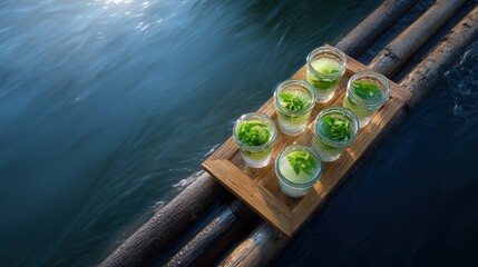 Overhead View of Refreshing Green Cocktails Served on a Bamboo Raft Over Water