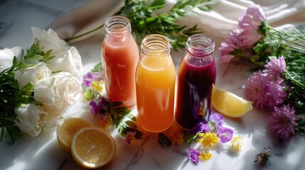 Three Colorful Bottles of Juice with Flowers and Lemons
