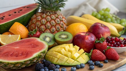 A vibrant assortment of fresh ripe fruits including watermelon pineapple mango strawberries blueberries grapes apples oranges and kiwi arranged on a wooden board