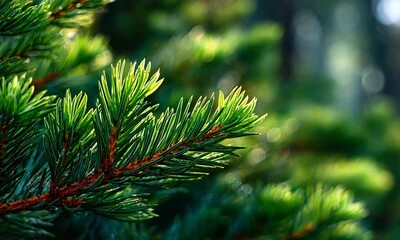Close-up of a green pine branch with needles and blurred background - Powered by Adobe