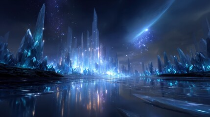 Futuristic Crystal City at Night with Comet