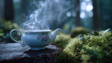 White Floral Teapot Steaming in a Forest Setting
