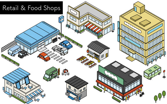 コンビニやスーパーなど店舗外観セット、シンプルな線画のアイソメトリックイラスト