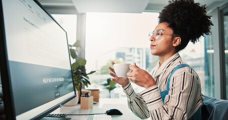 Woman, screen and computer with coffee in office for finance article, start investing and research....