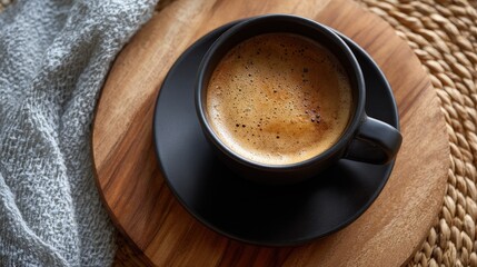 Overhead View of Dark Espresso in Black Cup on Wooden Tray