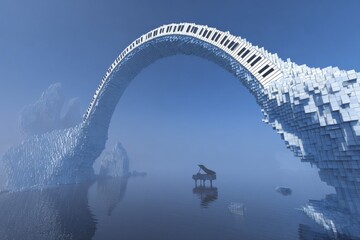 A beautiful bridge over calm water, with a piano in the background