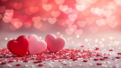 Three glossy hearts in red and pink sit on a bed of red and white sprinkles with a bokeh background of hearts and lights