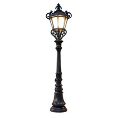 Ornate antique street lamp illuminated at dusk in a manicured garden with manicured hedges and trees isolated on transparent background