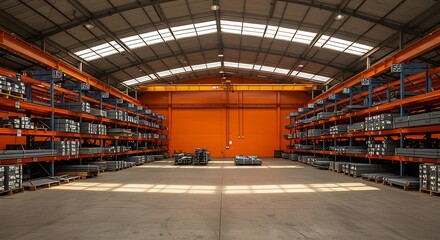 Empty room, Orange paint steel metal stack in a rack at warehouse