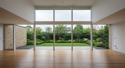 Large open concept living room with multiple expansive windows with view to garden landscaping.