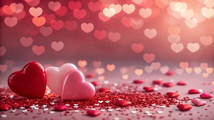 A romantic arrangement of glossy red and pink hearts scattered on a bed of red glitter with soft heart shaped bokeh lights in the background