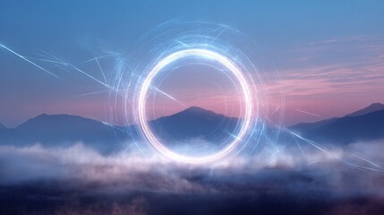 Glowing Ring Above Misty Mountains at Sunset