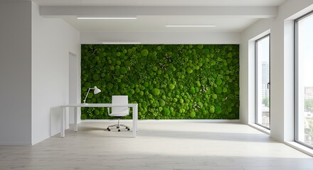 Empty room, Green moss wall panel in office for green office
