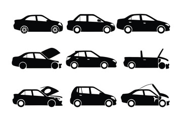 Automobile Silhouette Collection: A graphic array of sleek black automobiles. Presenting a variety of vehicle models, perfect for illustrating transportation or automotive themes.
