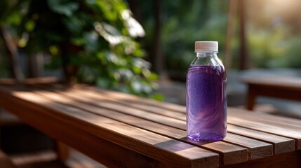 Purple Sparkling Drink in Bottle on Wooden Table Outdoors