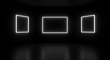 Empty room, Black and white background, room with three light frames, perspective view stage