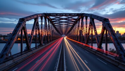 massive i beam highway bridge at dusk, traffic trails, long exposure lights, urban skyline in background, photoreal texture detail, cold concrete tones, symmetrical structure, 3d rendering quality
