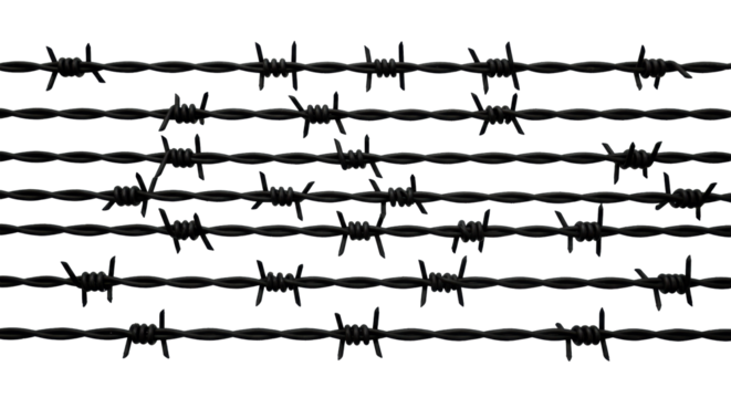 Multiple perfectly aligned, taut industrial-grade steel barbed wire strands, matte black with razor-sharp barbs, isolated against a transparent studio background, evenly lit, no shadows. Concept
