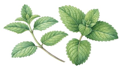 Watercolor illustration of fresh green mint leaves and stems isolated on a white background perfect for culinary and medicinal use