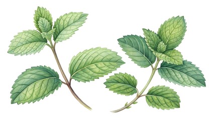Watercolor illustration of two fresh green mint sprigs with detailed leaves and stems isolated on a white background