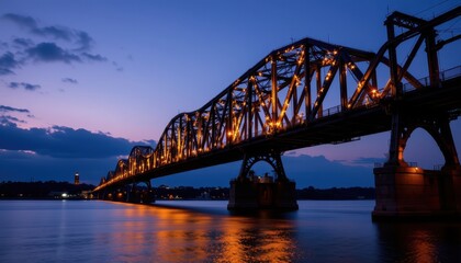 Obraz premium twilight view of long truss bridge with lights, purple blue sky, water reflections, realistic architectural lighting, industrial beauty, sharp silhouette, symmetrical lines, soft cinematic mood
