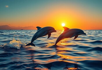 Golden sunset bathes two dolphins leaping, sleek bodies glistening in the water,  ocean,  marine © Kristian PR.