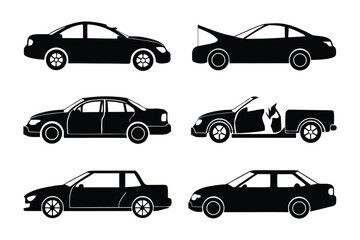 Streamlined Car Silhouette: A minimalist collection of sleek black car silhouettes against a simple background, ideal for design projects. Showcasing the various design aspects of car body style