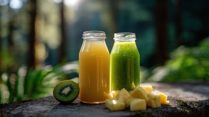 Two Bottles of Fresh Juice with Kiwi and Pineapple Slices