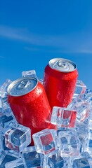 Two Red Soda Cans - Ice Cubes, Refreshing Drink, Cold Beverage, Summer Hydration, Party Cooler, Soft Drink, Carbonated, Iced Tea