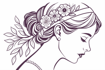 Artistic portrait of a woman adorned with a vibrant floral hairstyle