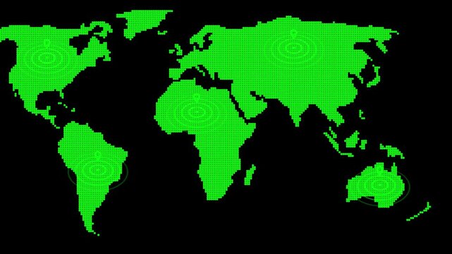 Travel Concept Map with Red Location Icons. Global locations highlighted on a world map with red location markers for strategic planning or travel concepts. 