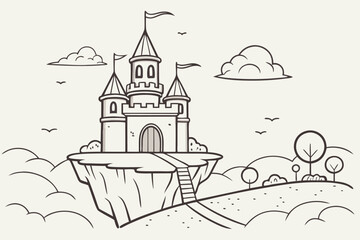 Minimalist flat fantasy castle illustration with yellow accents