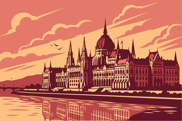 Naklejka premium Stylized city skyline at sunset with vibrant colors and detailed architecture