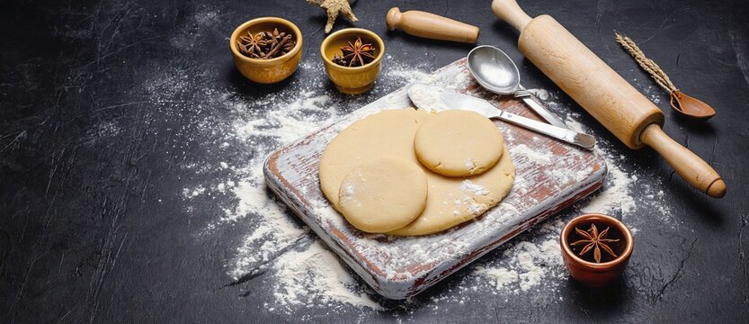 Generative AI. Dough preparation on a rustic wooden board with rolling pin, flour scattered around, and spices in bowls, creating a cozy baking atmosphere for culinary enthusiasts