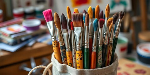 Fototapeta premium Well-worn paintbrushes in a fabric roll, artist's workspace, palette, craft
