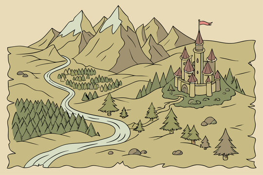 Detailed vector map of a fantasy world with mountains rivers and settlements