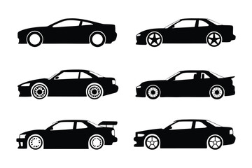 Silhouette of Automobiles: A collection of sleek automobile silhouettes showcasing diverse designs, perfect for illustrating concepts related to speed, transportation, and automotive aesthetics.