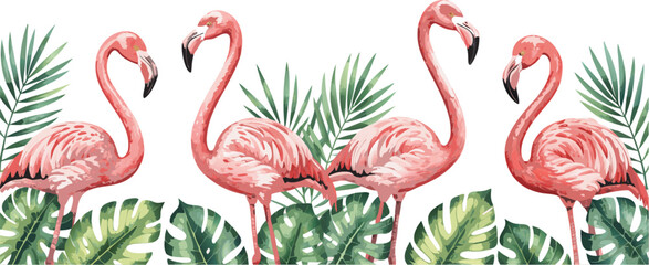 Watercolor Pink Flamingos and Tropical Green Leaves Illustration on White Background, Summer Design