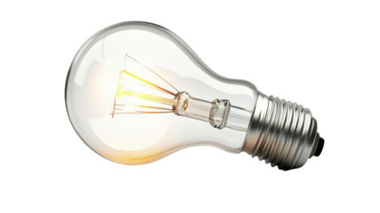 Simple light bulb with clear glass and glowing filament in minimal design isolated on white background