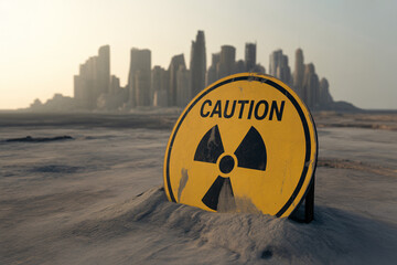 Radiation warning sign with text "Caution" in scorched earth with destroyed city. Symbol for  danger of nuclear war and environmental decay.