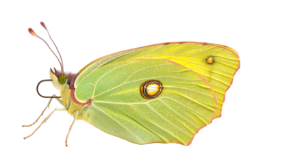 Bright green and yellow butterfly with eye spot wings and detailed texture isolated on white background