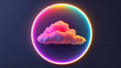 Abstract fluffy cloud illuminated by vibrant neon light ring with pink yellow and blue gradients on dark background
