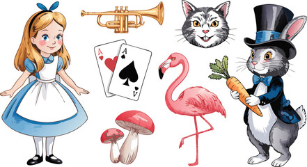 Alice in Wonderland Watercolor Illustration Alice, Cheshire Cat, Trumpet, Rabbit, Flamingo, Mushroom, Cards
